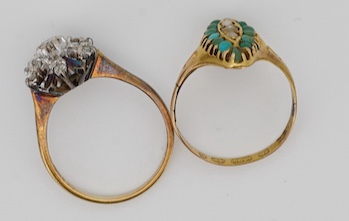 A Victorian 15ct gold, turquoise and seed pearl set marquise shaped ring, size N, together with an 18ct and diamond cluster set flower head ring, with 'coloured' petals, size O, gross weight 6.1 grams. Condition - fair